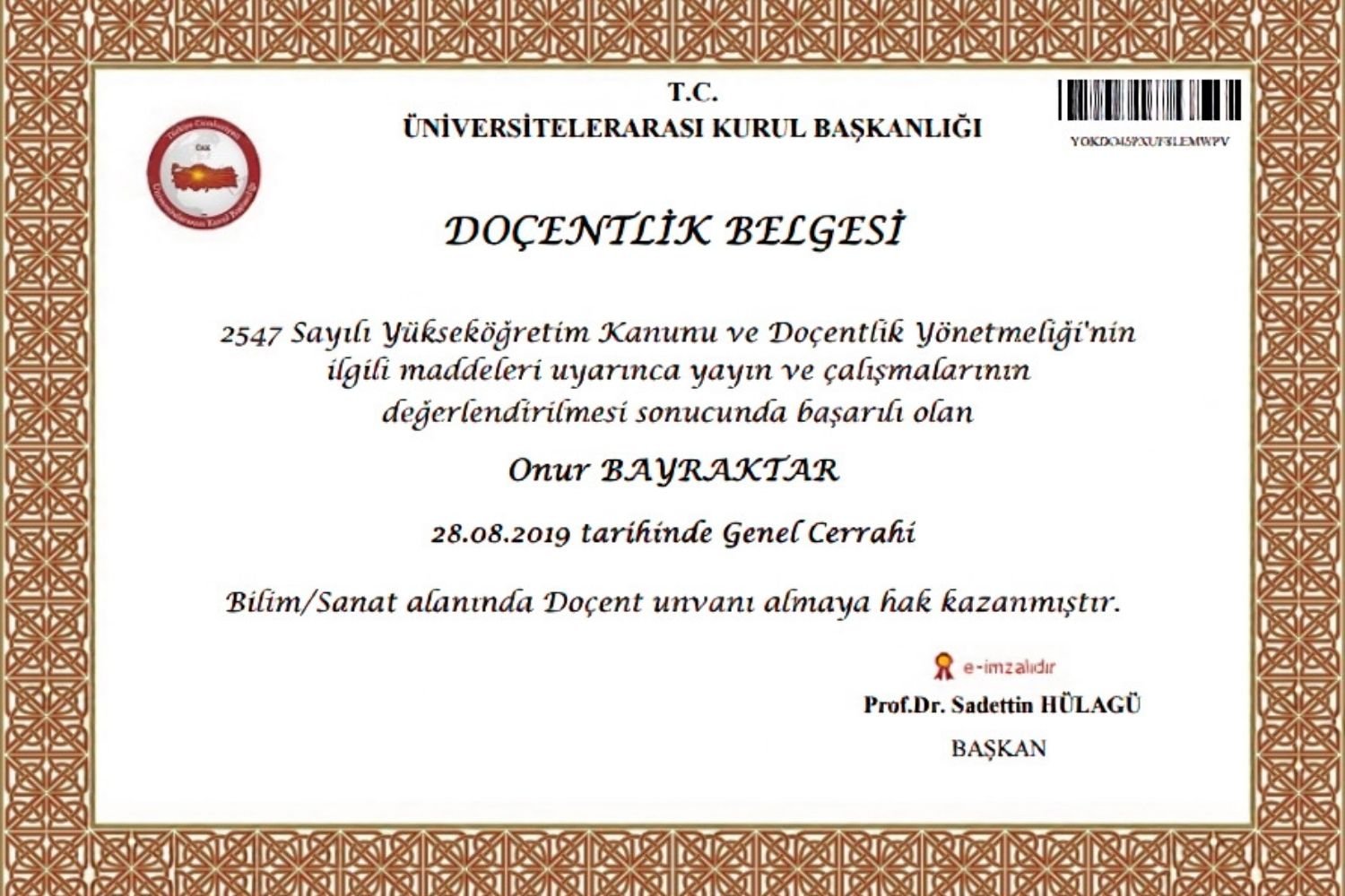 Prof. Dr. Onur Bayraktar Doçentlik Belgesi