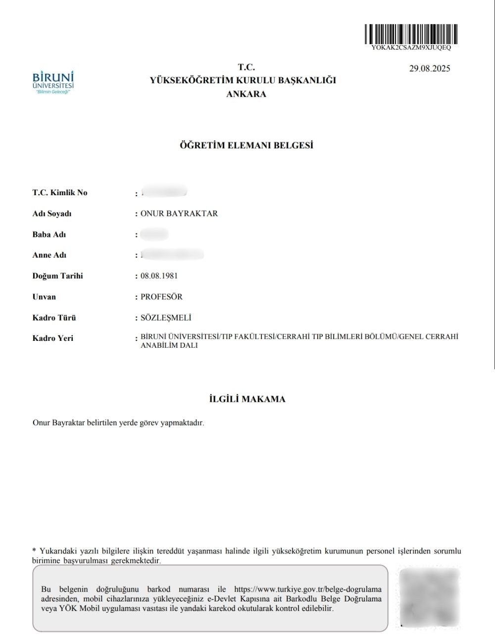 Prof. Dr. Onur Bayraktar Profesörlük Belgesi