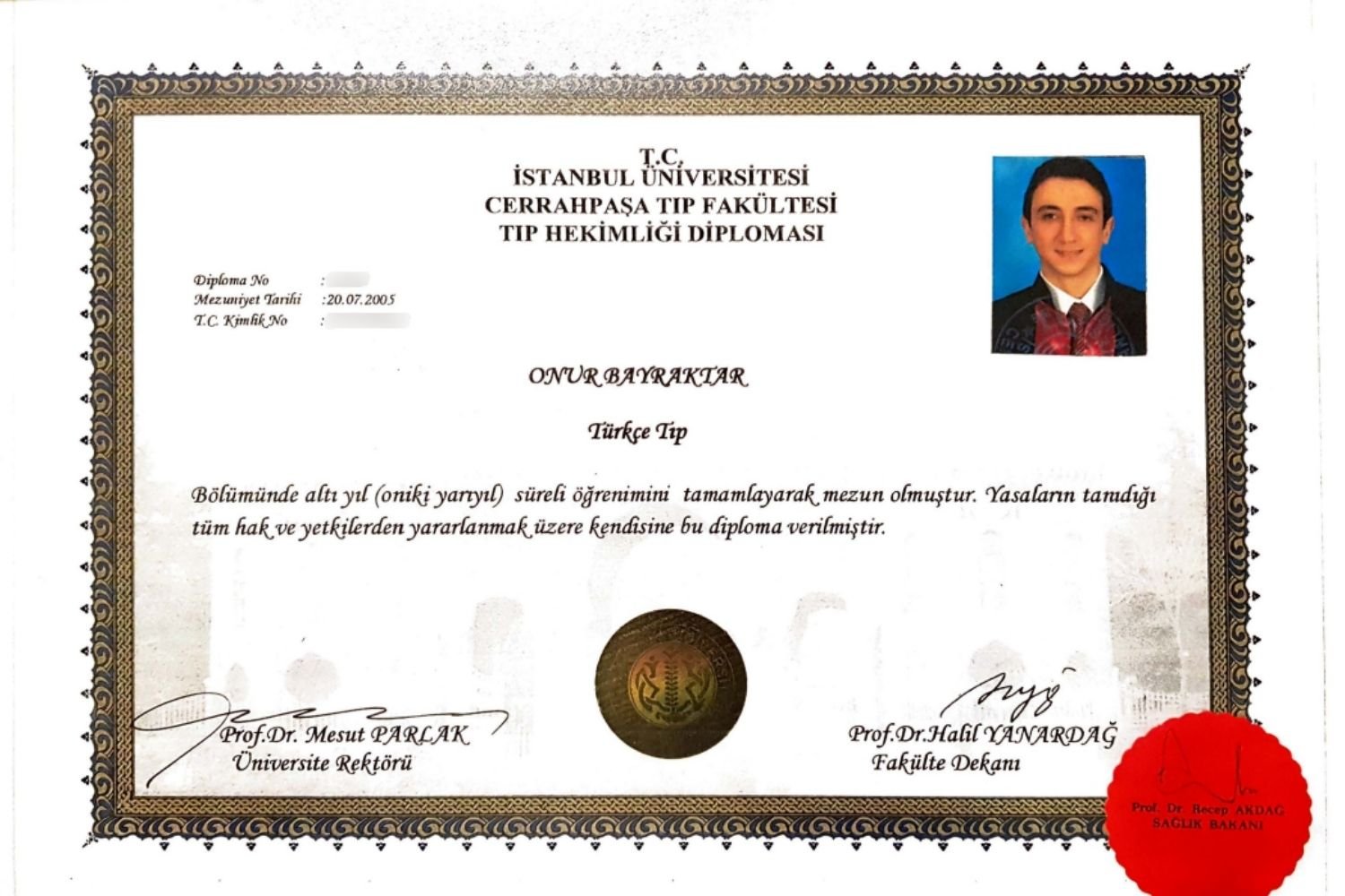 Prof. Dr. Onur Bayraktar Tıp Hekimliği Diploması