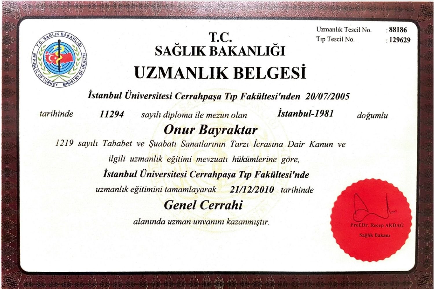 Prof. Dr. Onur Bayraktar Genel Cerrahi Uzmanlık Belgesi